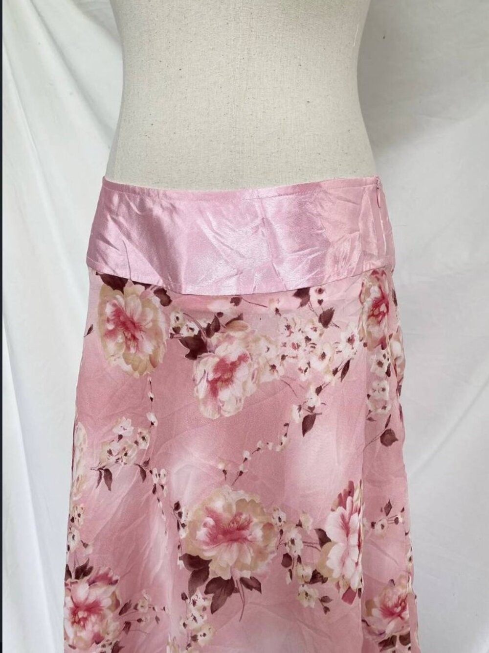 Pink Floral Midi Skirt Satin Finish Romantic Y2K Vintage A-Line Skirt - Picture 4 of 5